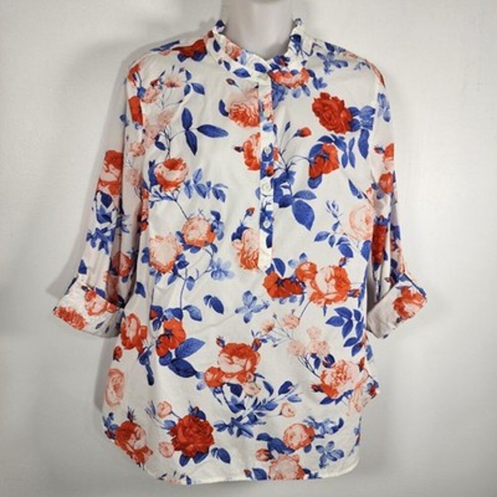Talbots Womens Blouse LP Petite Floral 100% Cotton Colorful Cottagecore Ruffle